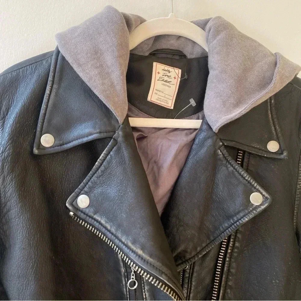 NWT Free People Leather Moto Jacket Hooded Black Gray We The Free